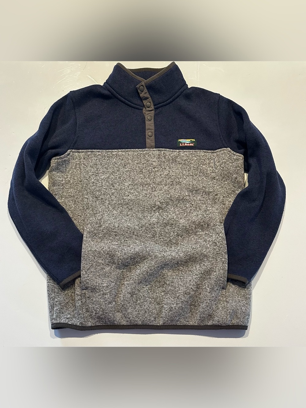 LL Bean Youth Large 14-16 Quarter Snap Pull Over Fleece Sweater Gray Navy Hiking